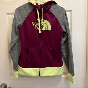 The North Face Burgundy & Grey w Neon Yellow Accent Hooded Zip up Jacket, Sz S